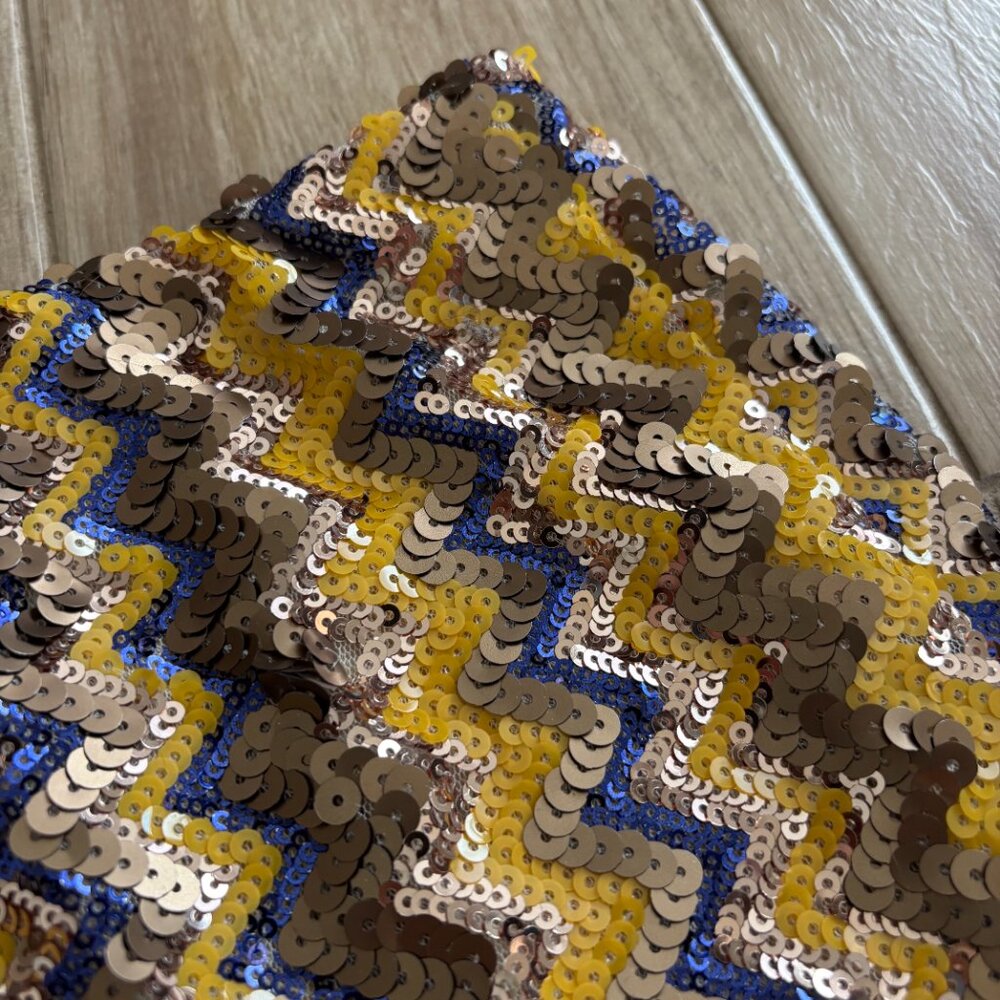 Vintage Shasa Sequin Mini Skirt Women's Large Gold Blue Zig Zag Party Y2K USA - Picture 5 of 8